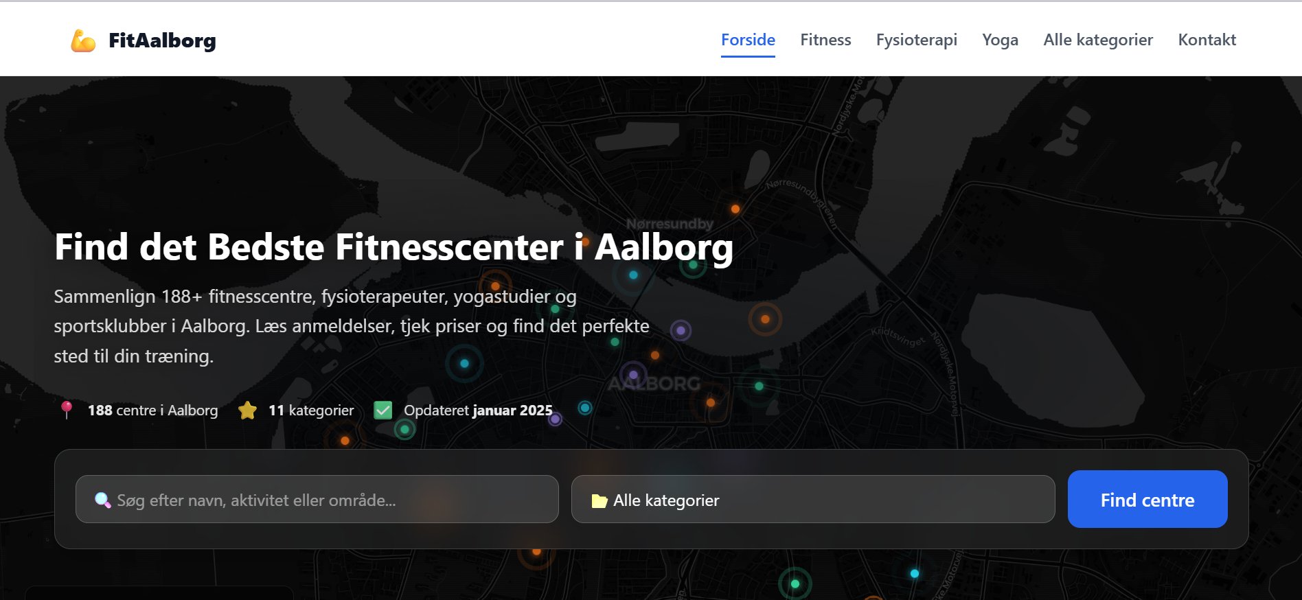 FitAalborg homepage with map and search