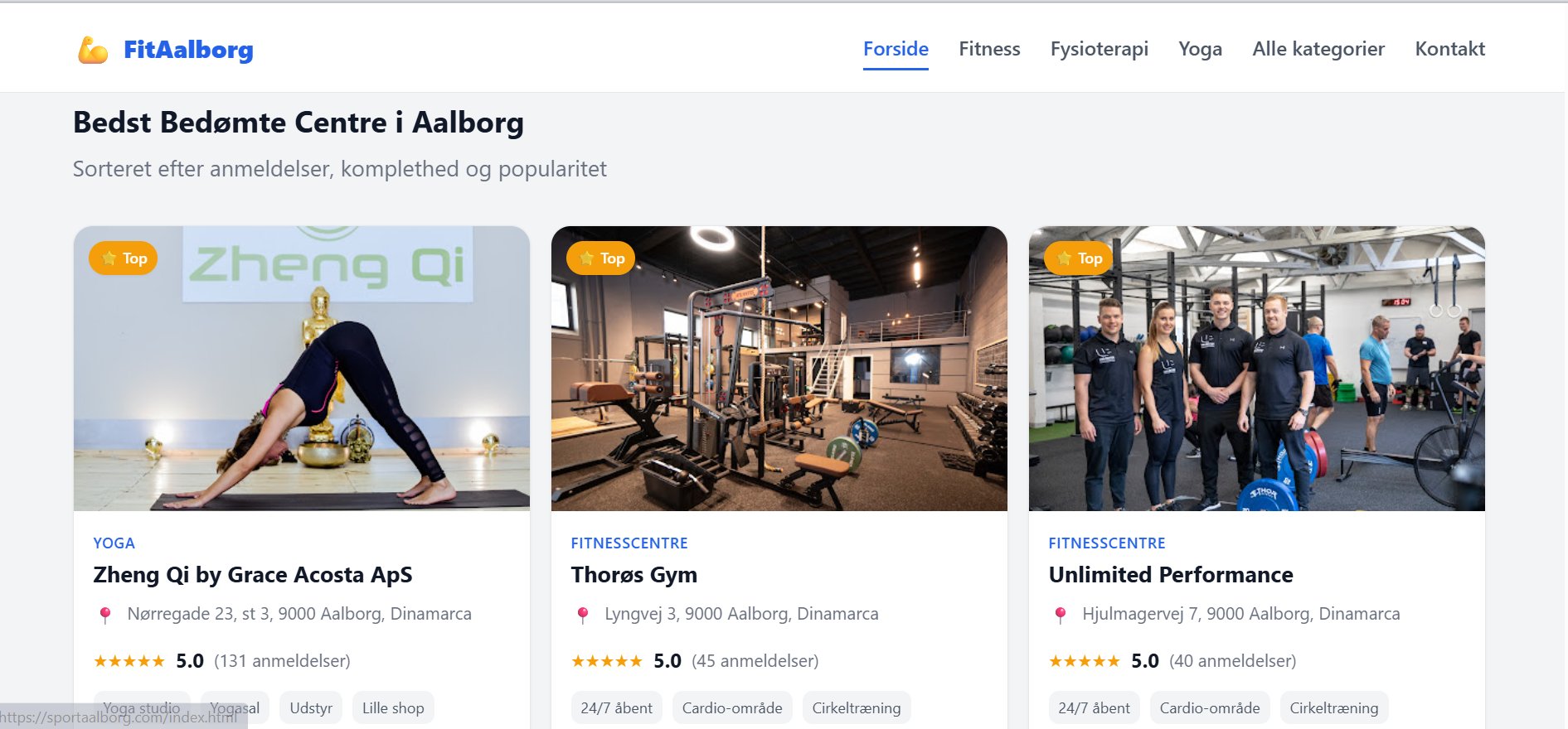 FitAalborg listing cards with ratings and reviews